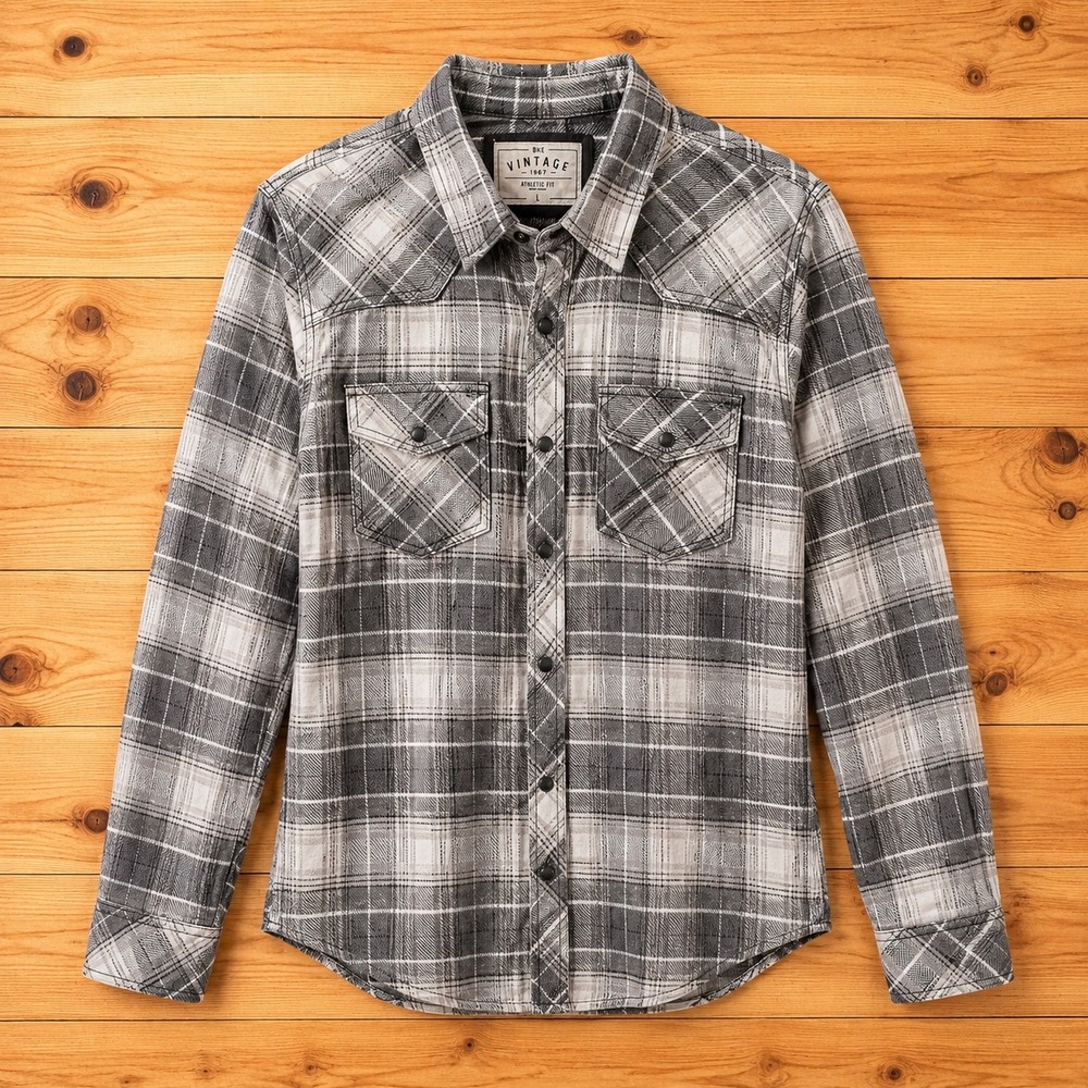 BKE‎ Vintage Mens Grey White Plaid Western Pearl Snap Flannel Shirt Athletic L